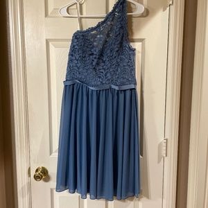 David's Bridal Lace One Shoulder Dress Women's 12 Steel Blue Knee Bridesmaid